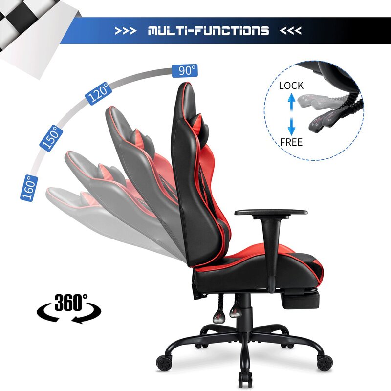 Gaming-Stuhl mit hoher Rückenlehne, wendbarer Fußstütze und Kopfstütze aus PU-Leder (3)
