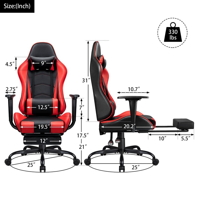Gaming-Stuhl mit hoher Rückenlehne, wendbarer Fußstütze und Kopfstütze aus PU-Leder (4)